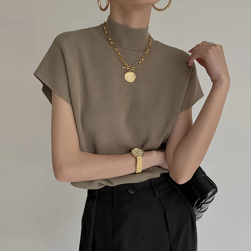 Stand-Collar Knit Vest Top