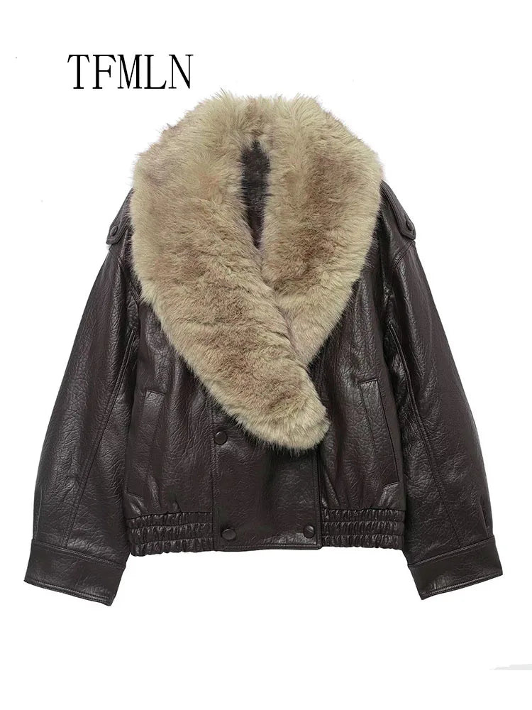 Faux Leather Coat with Detachable Fur Collar