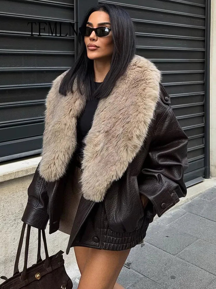 Faux Leather Coat with Detachable Fur Collar