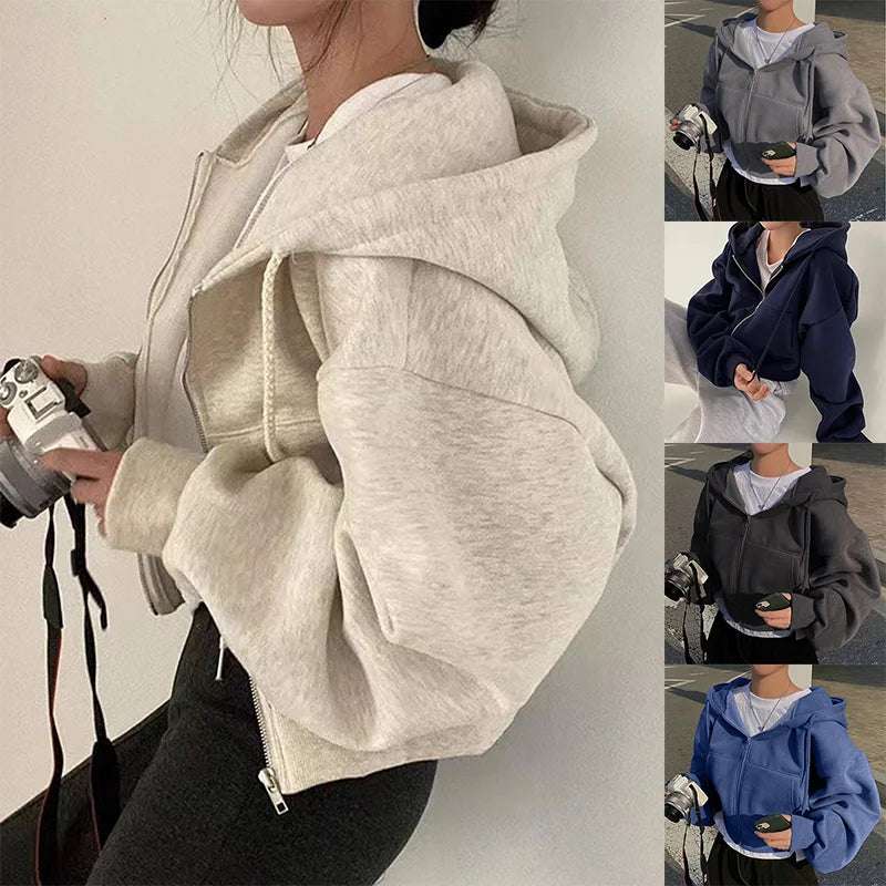 Cropped Fleece-Lined Zip Hoodie