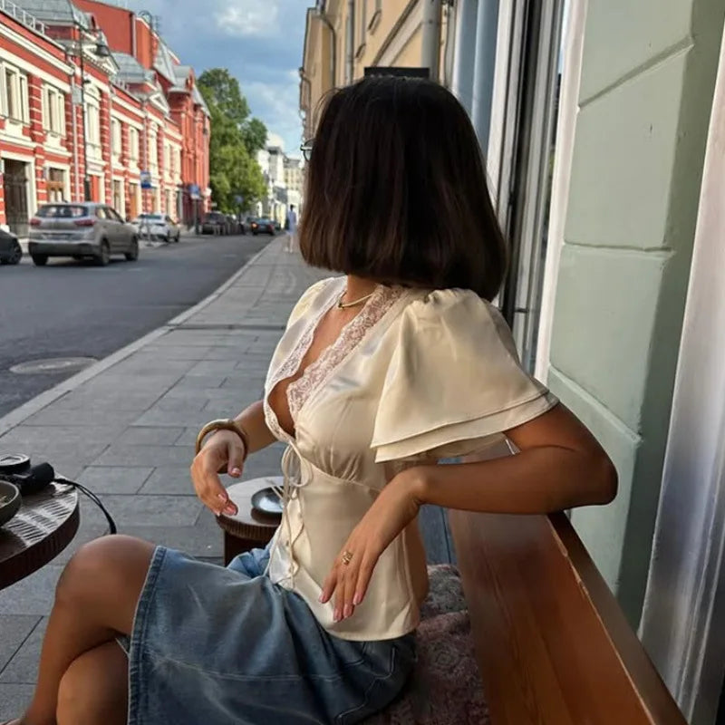 Lace Trim Satin V-Neck Top