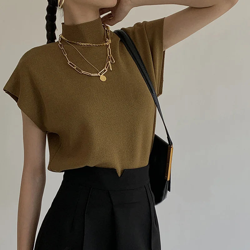 Stand-Collar Knit Vest Top