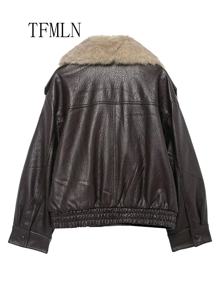Faux Leather Coat with Detachable Fur Collar