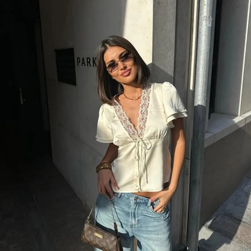 Lace Trim Satin V-Neck Top