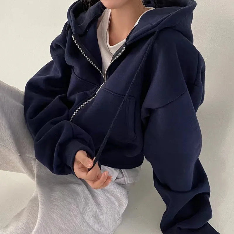 Cropped Fleece-Lined Zip Hoodie