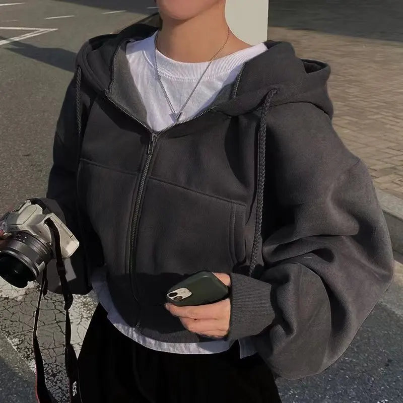 Cropped Fleece-Lined Zip Hoodie