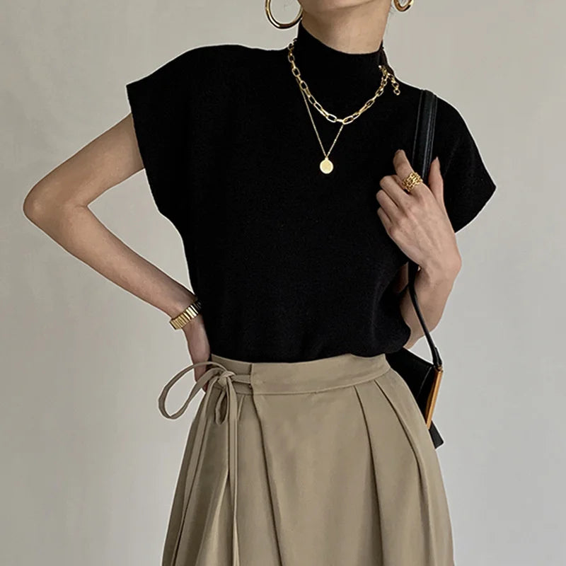 Stand-Collar Knit Vest Top