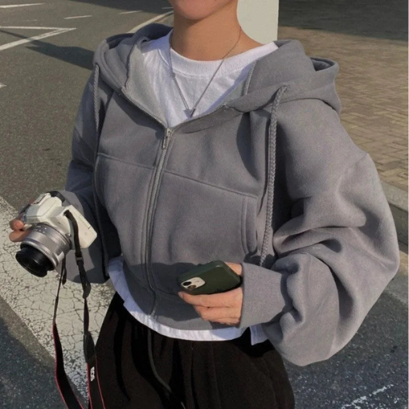 Cropped Fleece-Lined Zip Hoodie