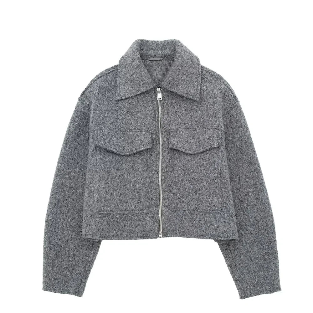 Grey Front-Zip Lapel Jacket