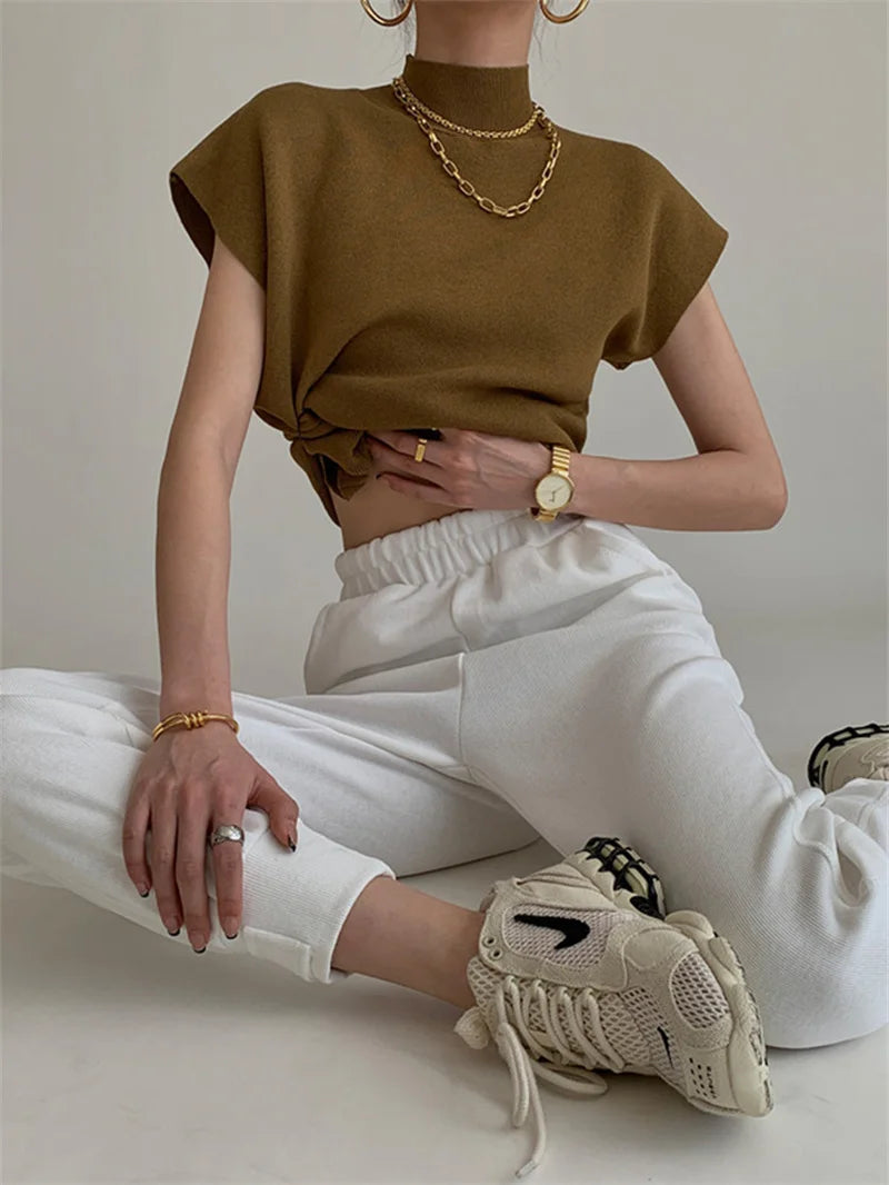 Stand-Collar Knit Vest Top