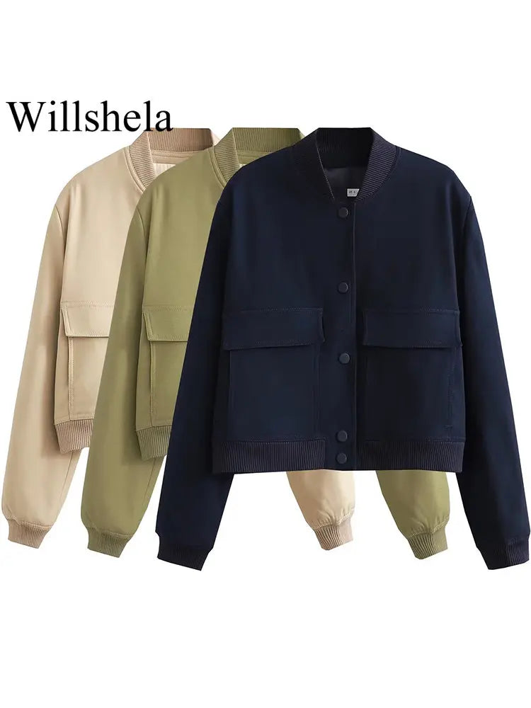 V-Neck Single-Breasted Bomber Jacket