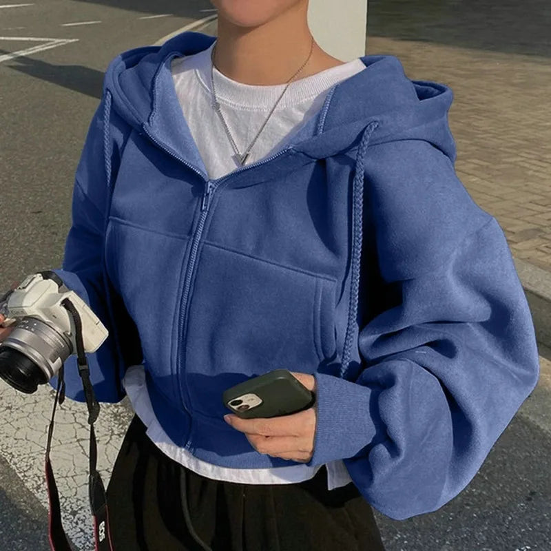 Cropped Fleece-Lined Zip Hoodie