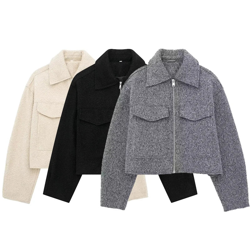 Grey Front-Zip Lapel Jacket