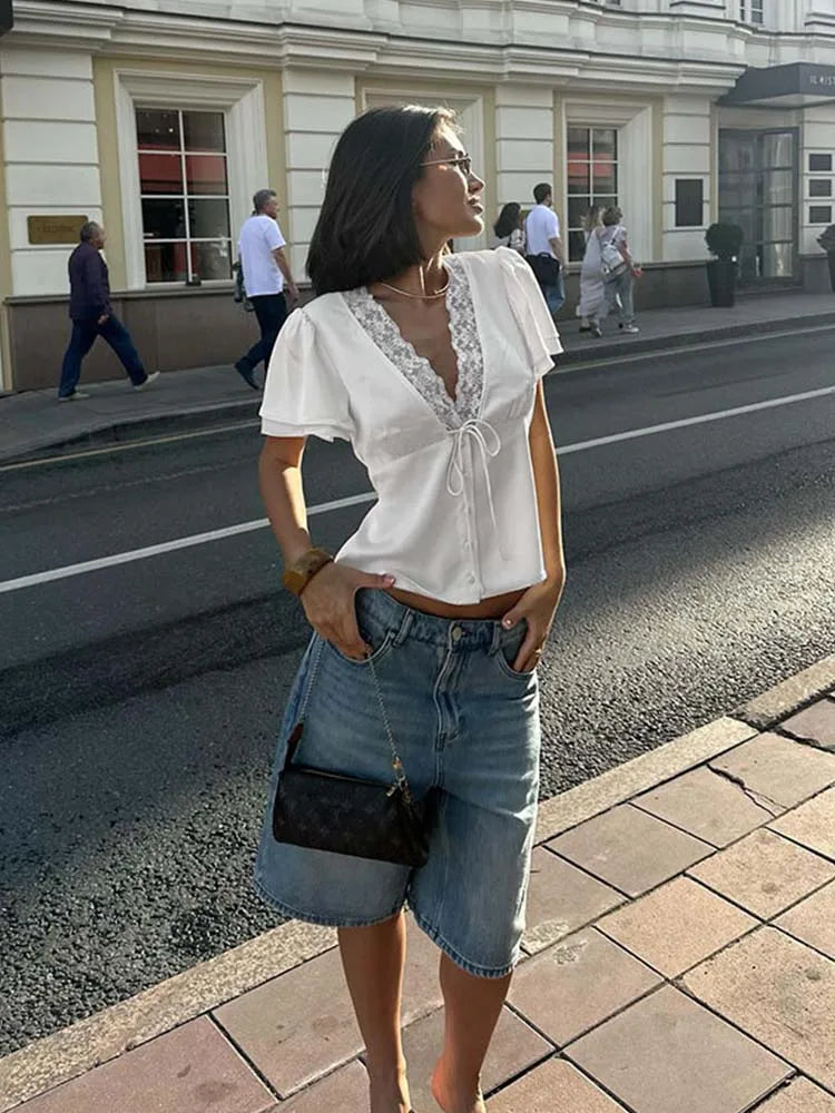 Lace Trim Satin V-Neck Top