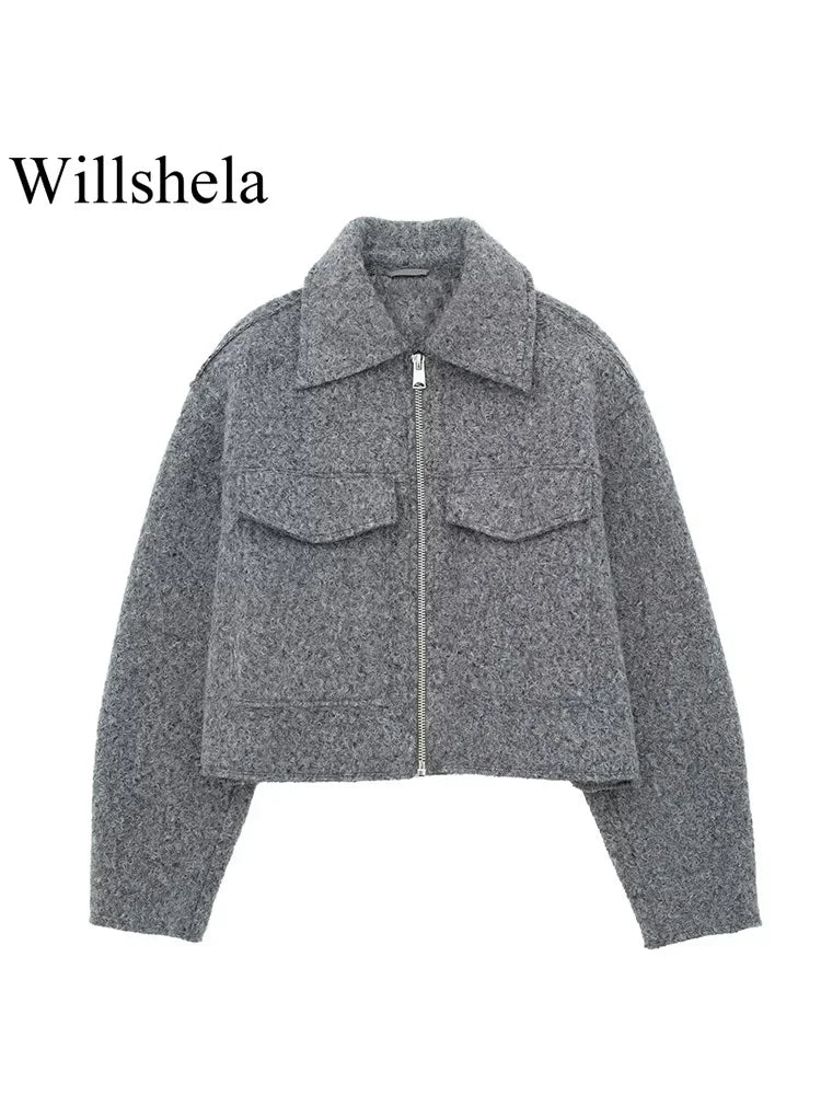 Grey Front-Zip Lapel Jacket