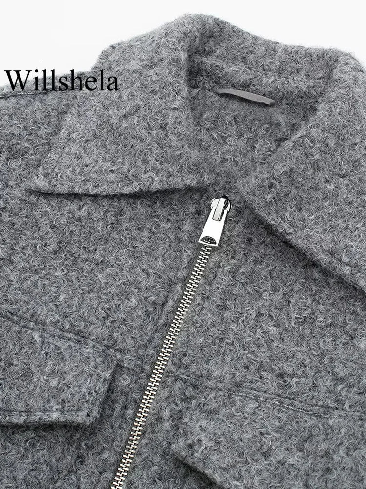Grey Front-Zip Lapel Jacket