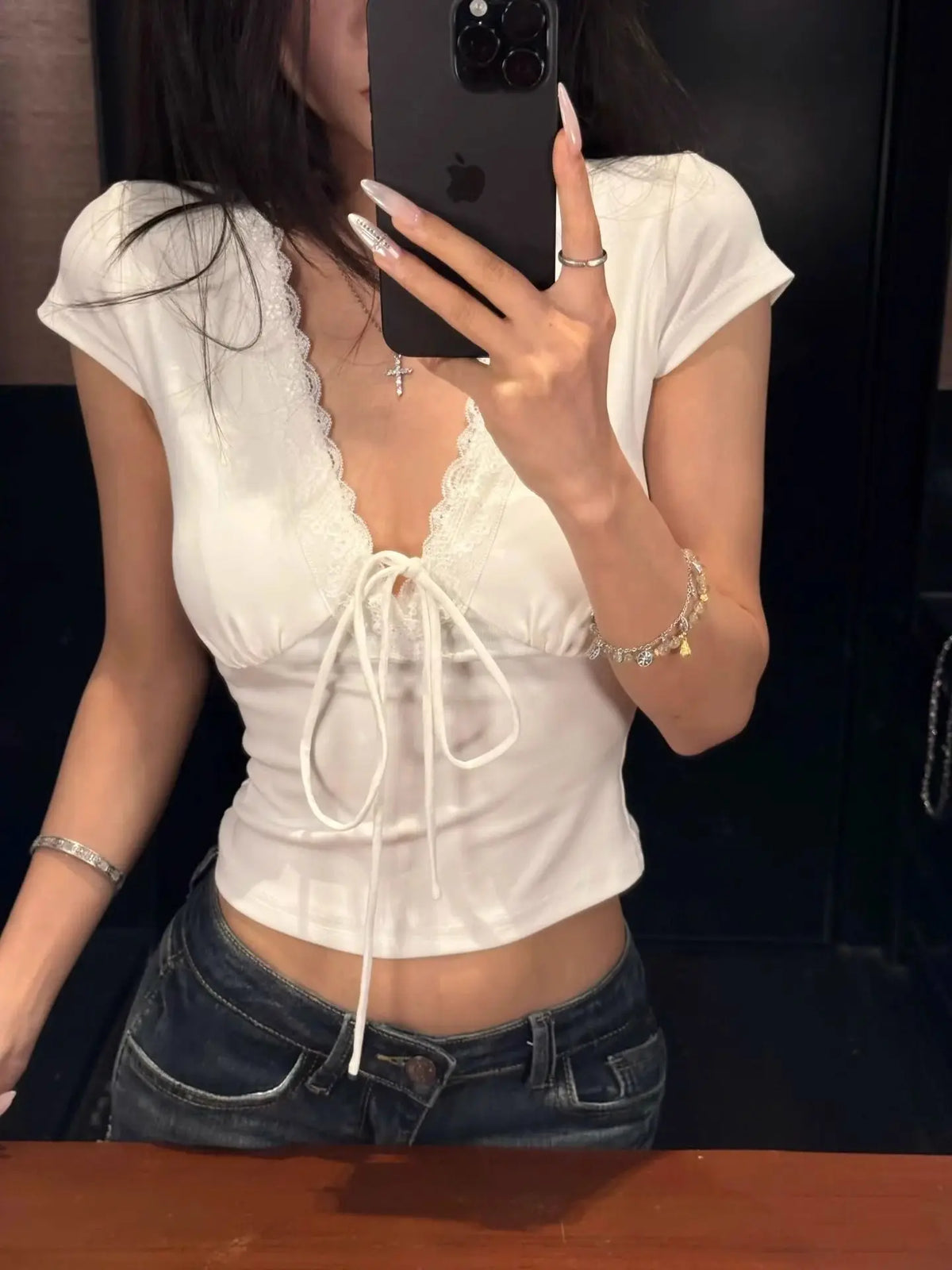 Lace Trim Satin V-Neck Top