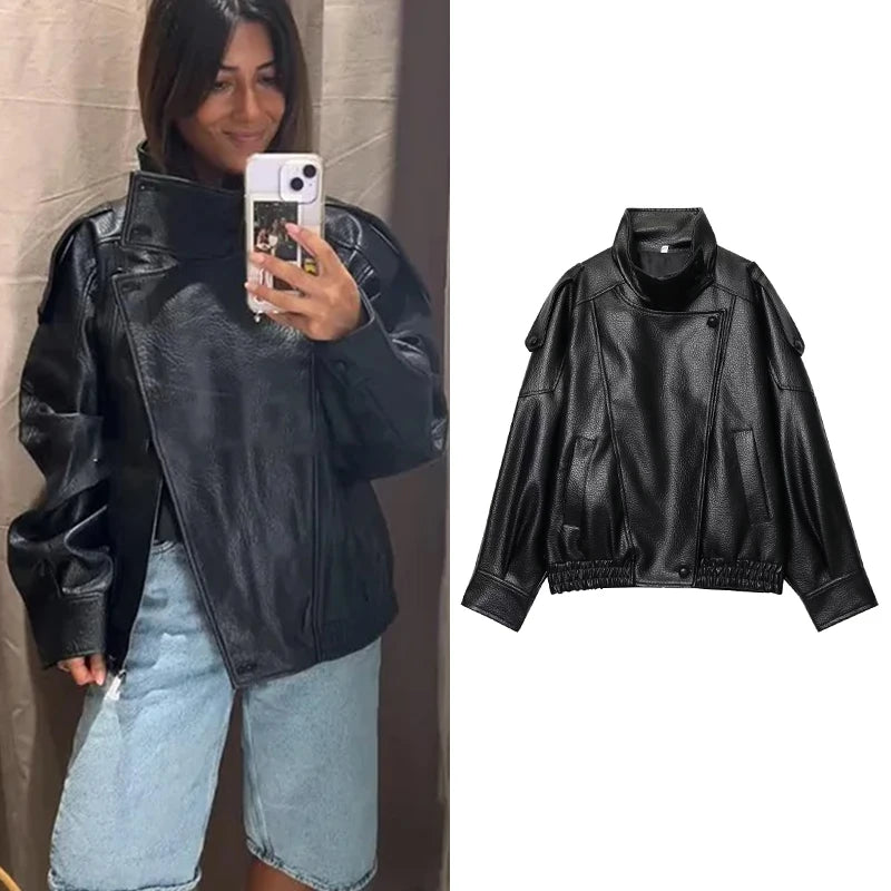 Oversized Faux Leather Button-Front Jacket