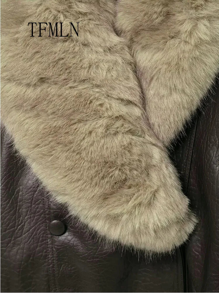 Faux Leather Coat with Detachable Fur Collar