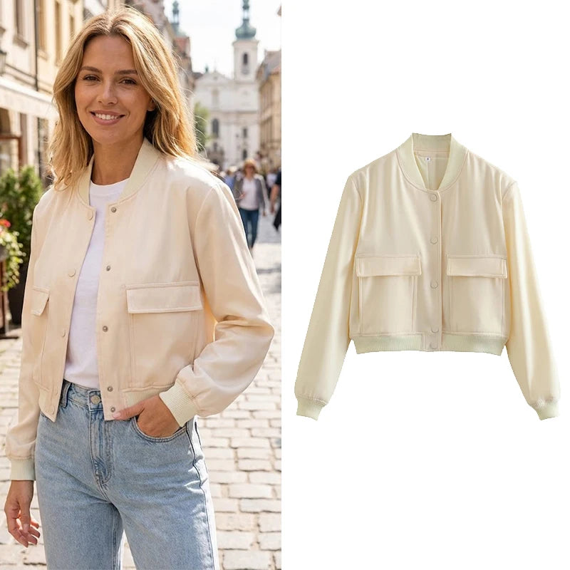 V-Neck Single-Breasted Bomber Jacket