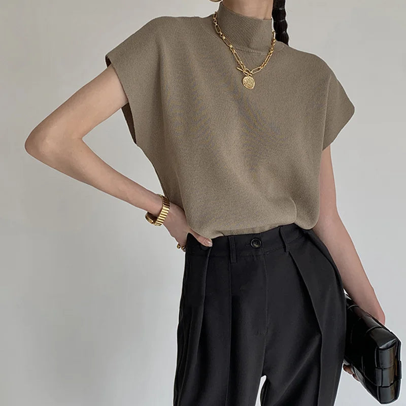 Stand-Collar Knit Vest Top