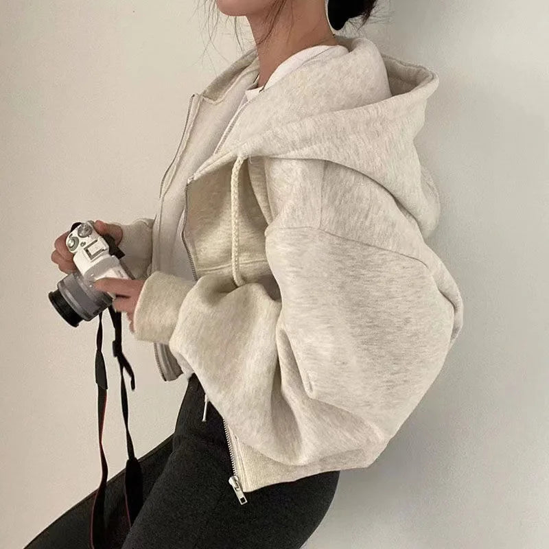 Cropped Fleece-Lined Zip Hoodie