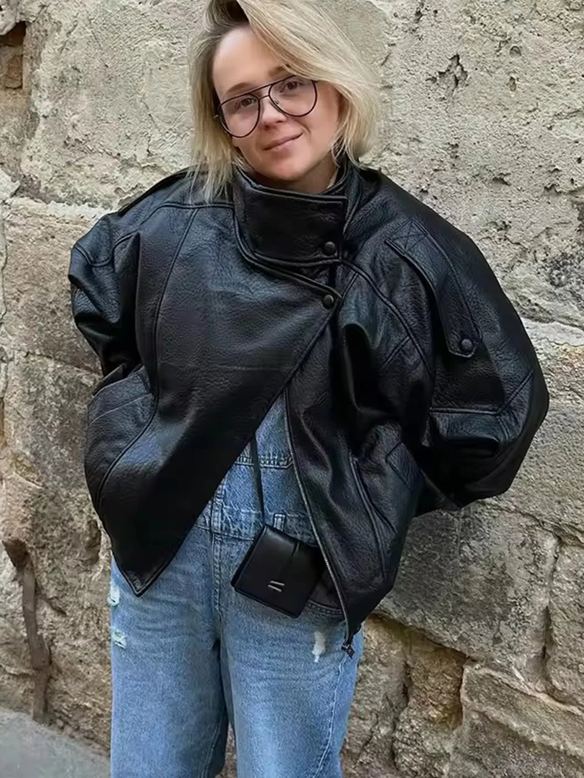 Oversized Faux Leather Button-Front Jacket