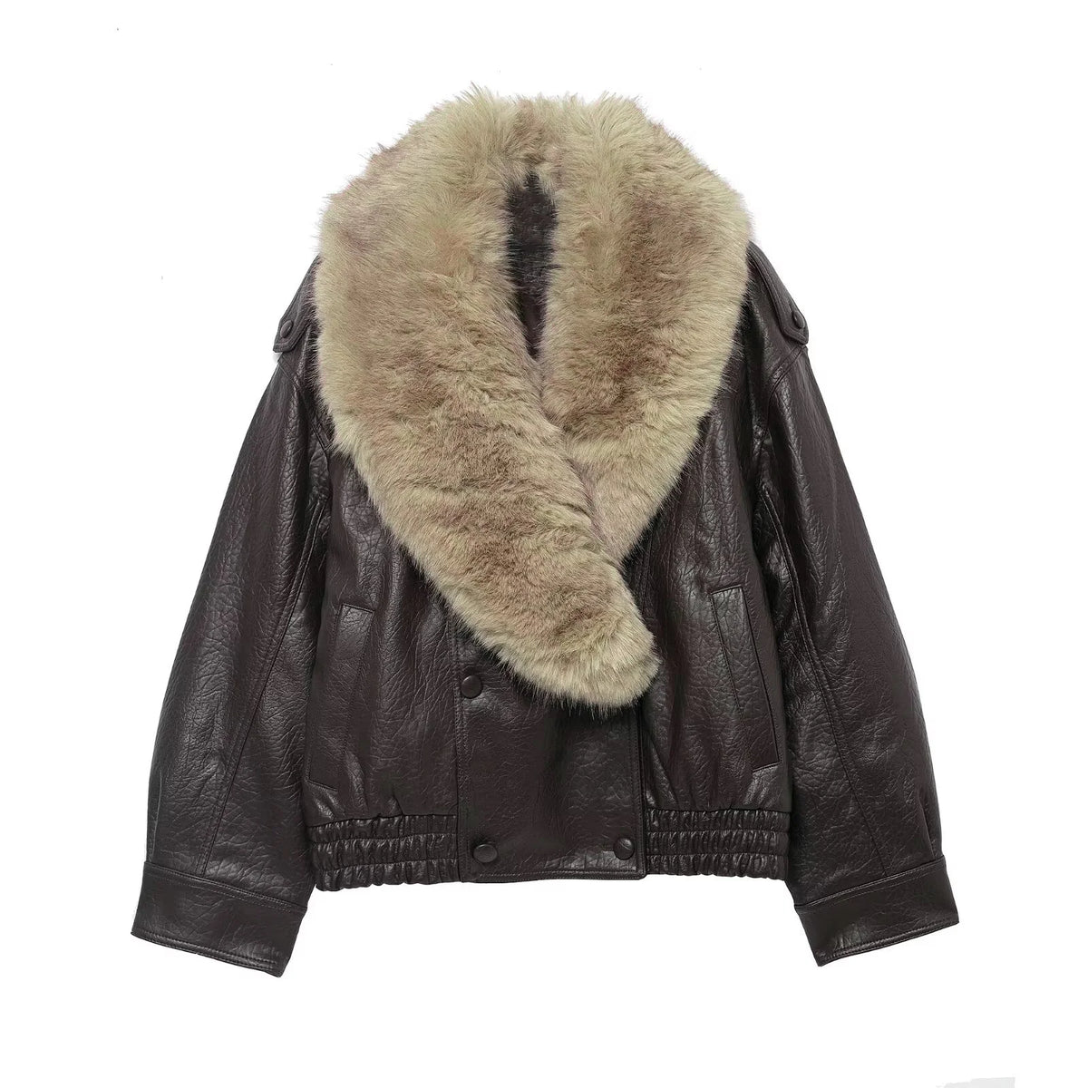 Faux Leather Coat with Detachable Fur Collar